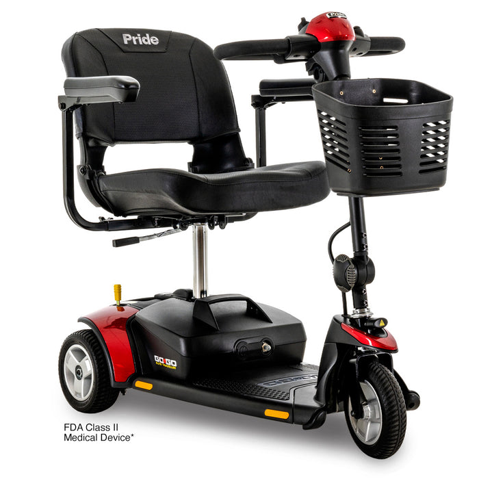 Pride Go-Go Elite Traveller 3-wheel travel scooter in red, front-angle view