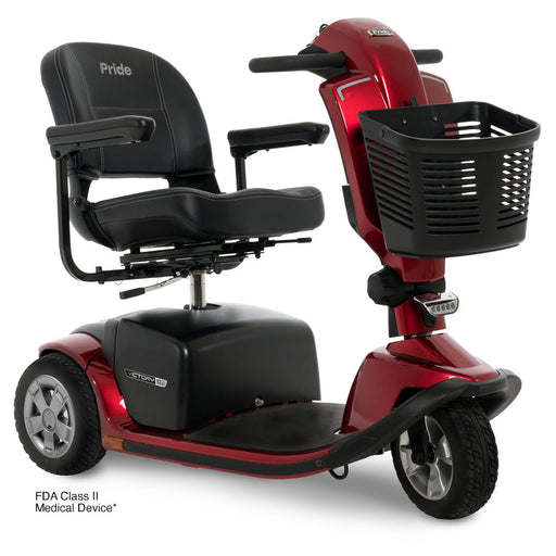 Pride Victory 10.2 3-wheel mobility scooter in Candy Apple Red, front-angle view