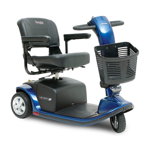 Pride Victory 9 3-wheel mobility scooter in Viper Blue, front-angle view